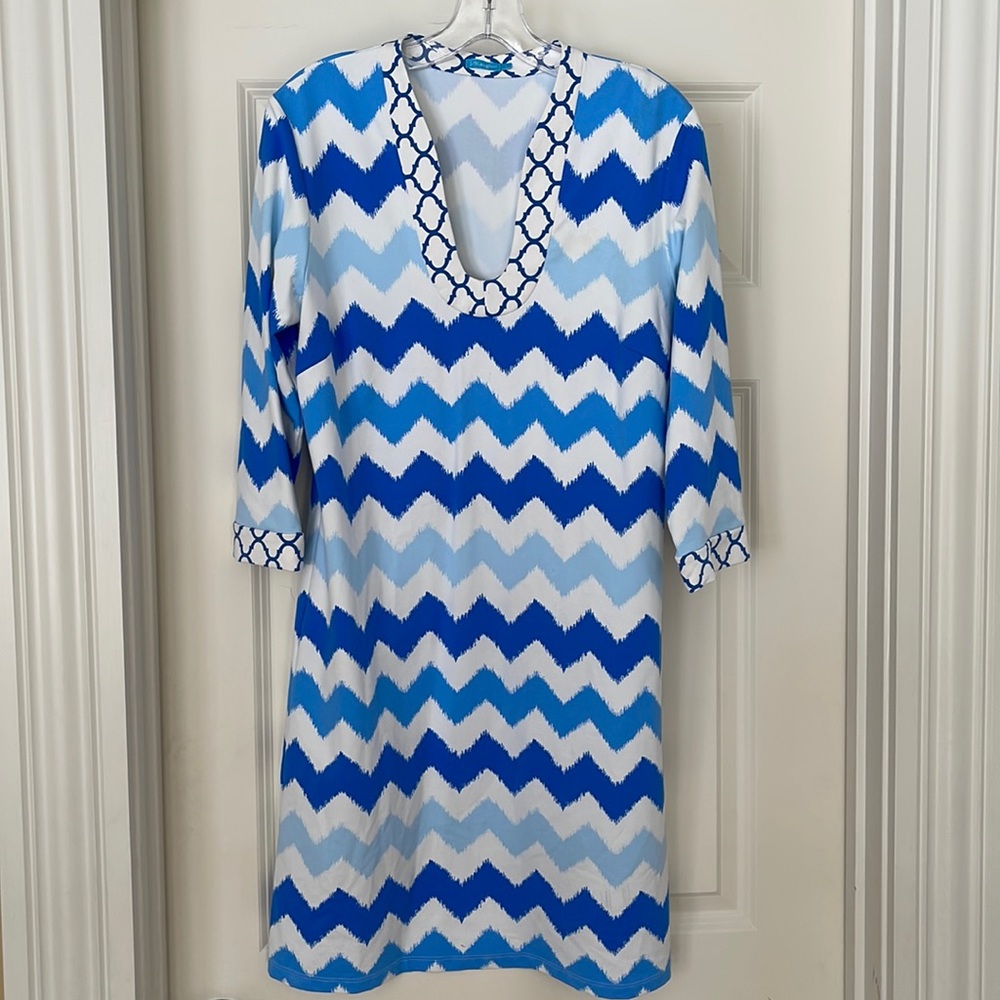 J.McLaughlin Multi Blue & White Tunic Dress Quadrafoil Neckline Size Large
